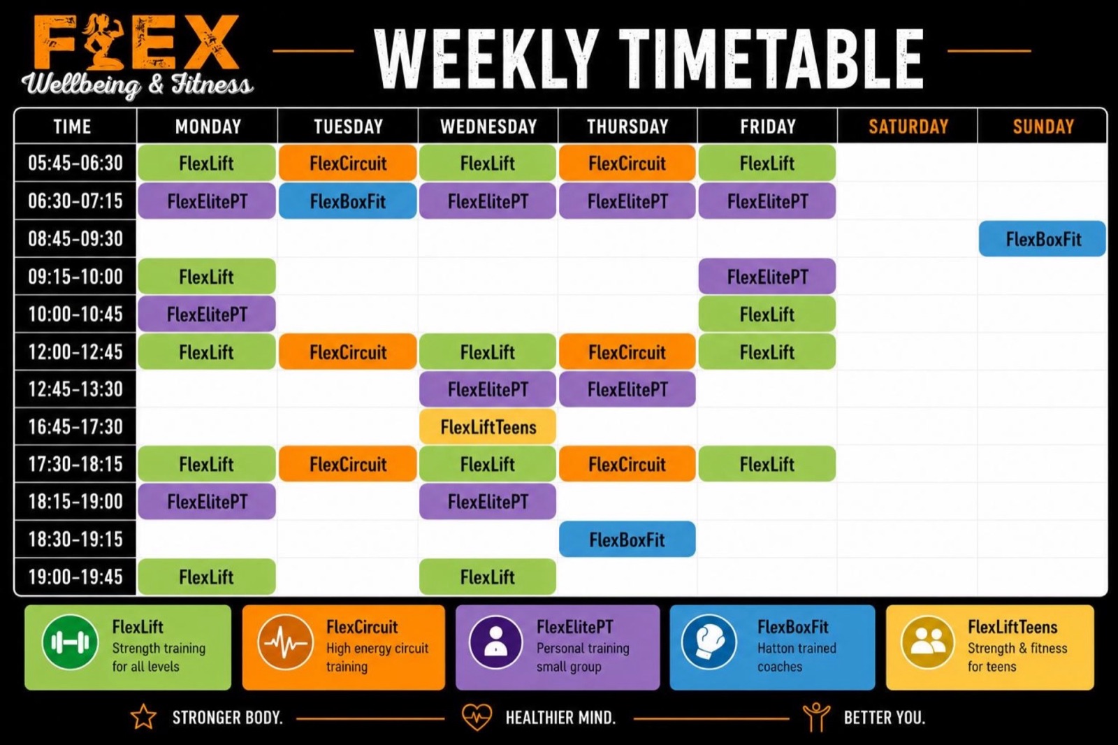 Flex Wellbeing & Fitness Doncaster weekly class timetable - FlexLift, FlexCircuit, FlexElite PT, FlexBoxFit and FlexLift Teens session times